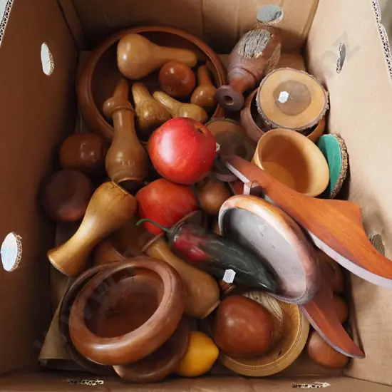 box; wooden fruit, bowls, vases etc