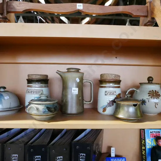 shelf; pottery canisters, cover dishes, Temuka coffee pot and sugar