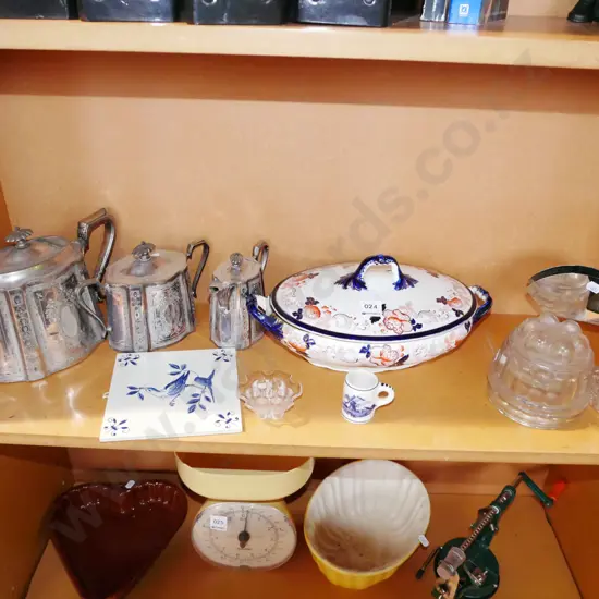 plated coffee pots, teapots, jelly mould, glass flower frog, early Meakin vege etc