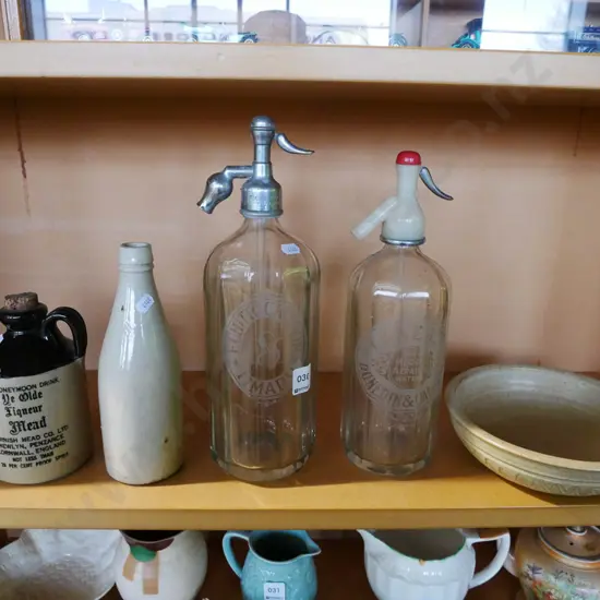 stoneware bottles, 2x soda syphons, pottery bowl