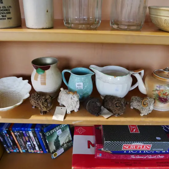 shelf; sheep, jugs, teapot etc