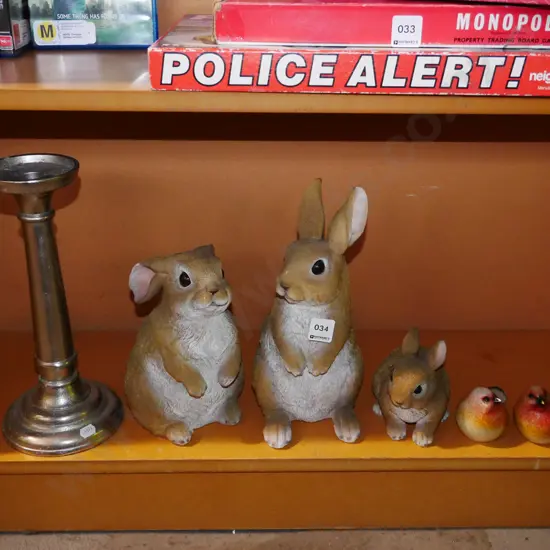 composite bird and rabbit figurines, cast alloy candle holder