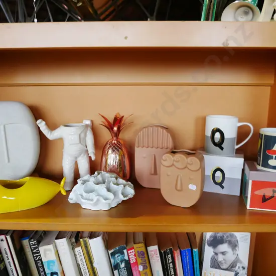 shelf; novelty vases, pineapple container etc