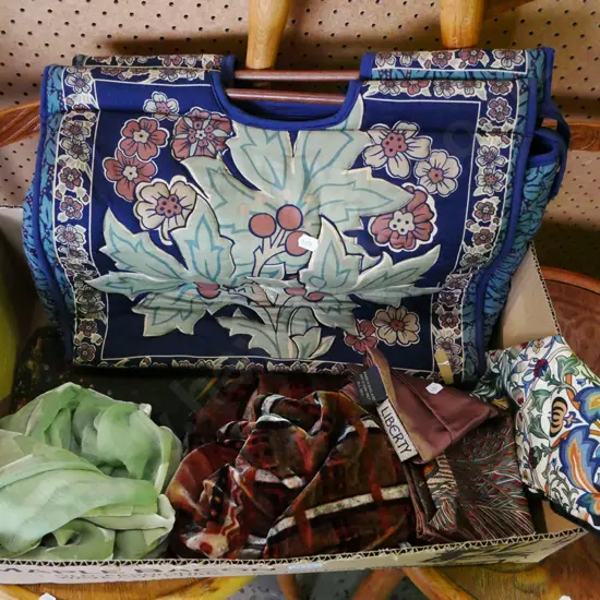 box; fabric knitting bag, velvet and silk scarves