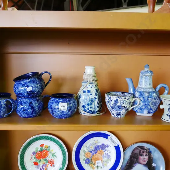 shelf; blue and white china items