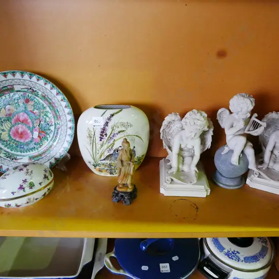 shelf; composite angel figurines, vase, plate etc