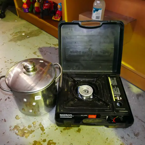 stainless steel stock pot, camping stove