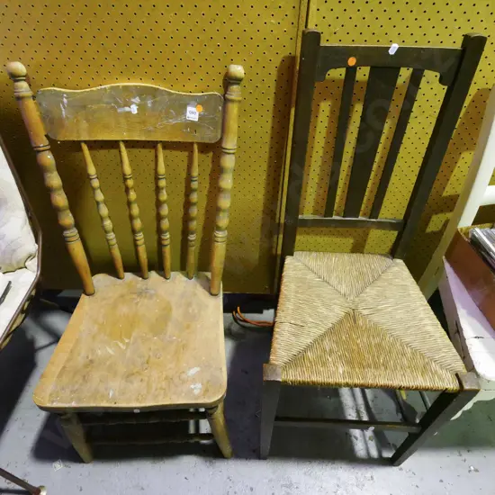 oak and seagrass chair, restorer's spindle back chair -orange dots