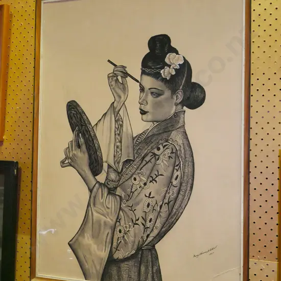 framed Barry Weston 1967 ink on card - woman applying makeup - significant damage