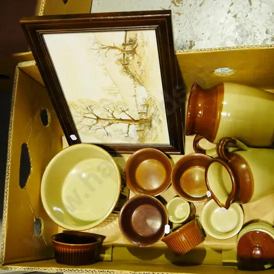box; M Bell framed watercolour, stoneware jugs, rammekins etc