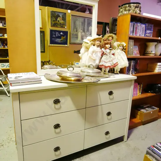 pine and mdf cream painted 6 drawer mirror back dresser H-1800 W-1320 D-450