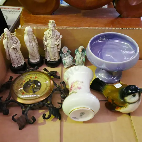 box; composite Asian figurines, Goebel  bird figurine, barometer etc