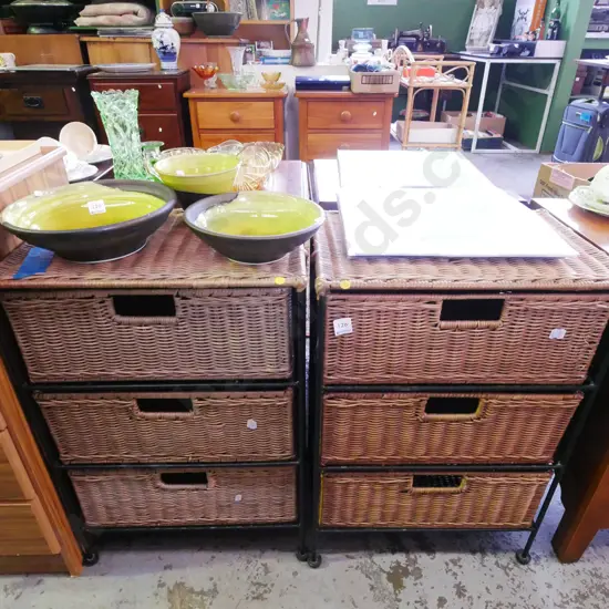 pair of metal and cane 3 basket storage chests - yellow dots