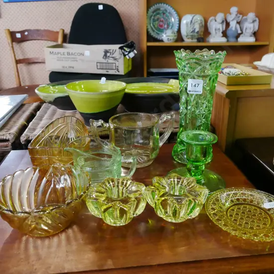 assorted depression glass items