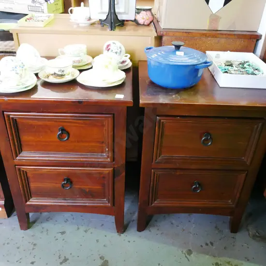 pair of solid pine bedside cabinets with metal drop handles (some marking to top)