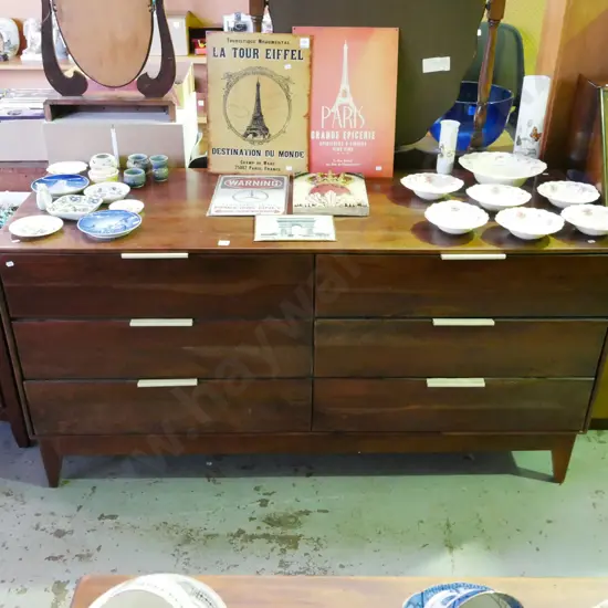 mid-century hardwood 6 drawer lowboy with unusual leather handles H-770 W-1560 D-570
