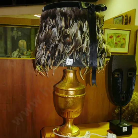 gold painted composite based lamp with feather trimmed shade H-630