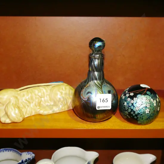 art glass bottle, paperweight, Sylvac dog vase - some damage
