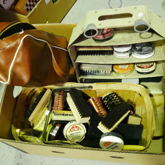 box; shoe polish, brushes, vinyl bag, croquet balls