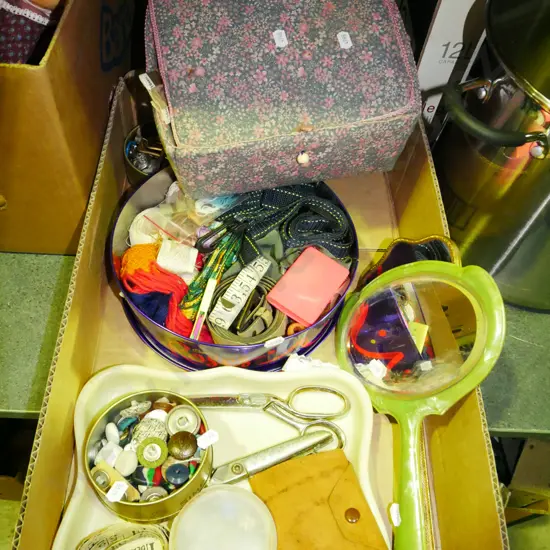 box; hand held mirrors, buttons, sewing accessories etc