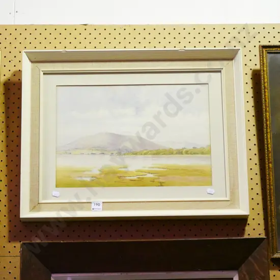 framed watercolour - lake and hills scene