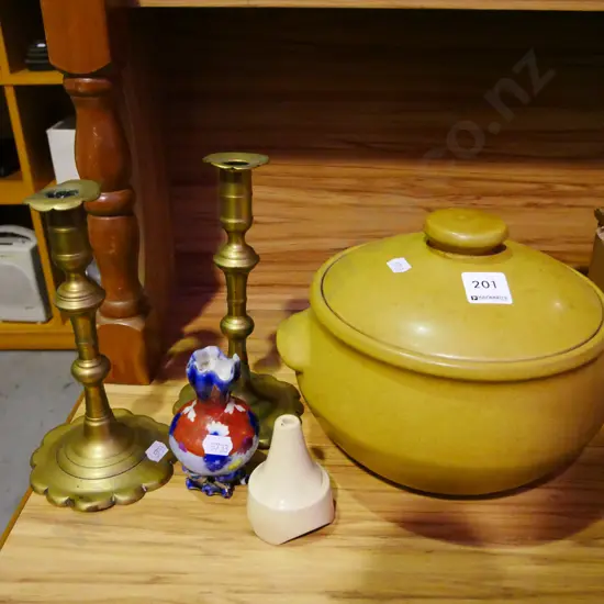 lidded Denby casserole, 2 brass candlesticks