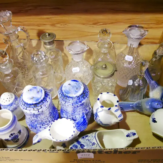box; stoppered vinegar bottles, salt, peppers, jugs etc