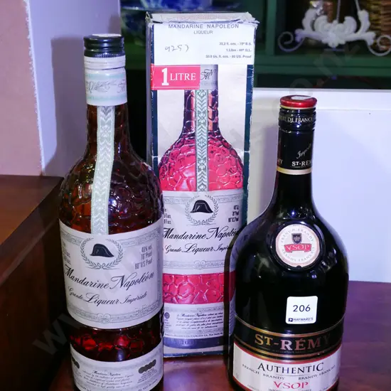 bottle of mandarin liqueur, bottle of brandy