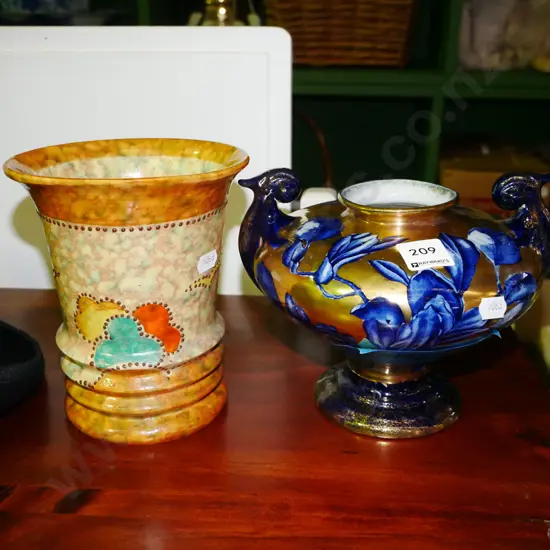 hand painted deco vase, Phoenix ware gold and blue floral vase -has crack to base