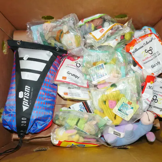 box; McDonalds toys, kite in bag