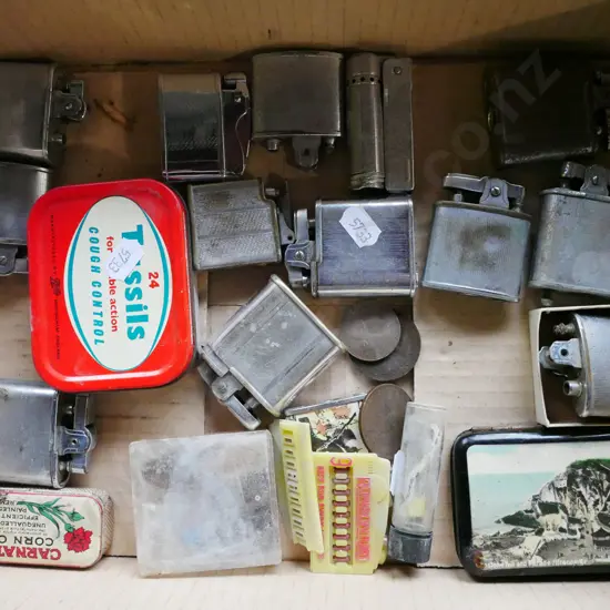 box; cigarette lighters, tins etc