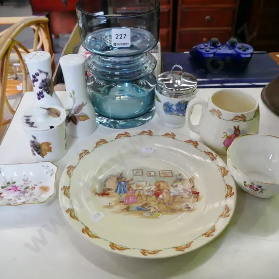 bunnykins plate, Finnish glass vase, Worcester egg coddler etc
