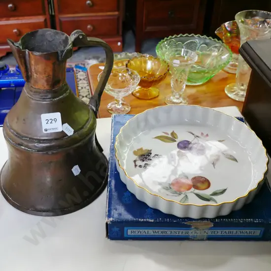 beaten copper water jug, Royal Worcester Evesham baking dish