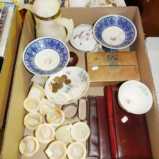 box; alabaster coffee pot, egg cups, wallets etc