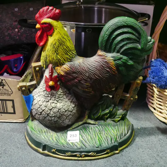 cast iron rooster and hen door stop