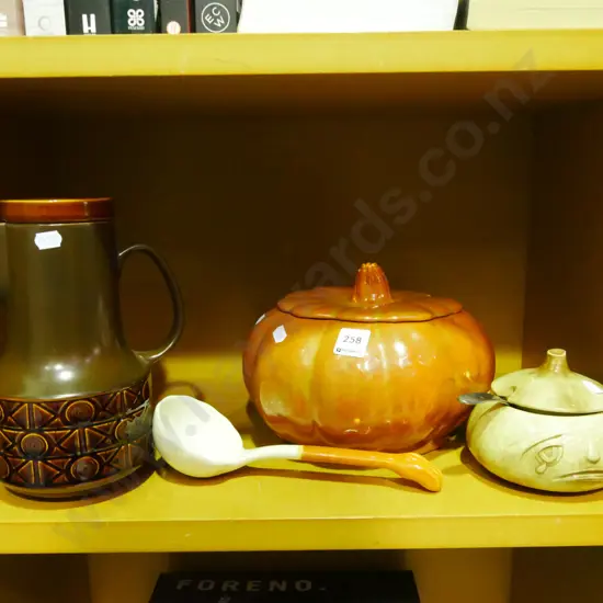 Hornsea coffee pot, pumpkin themed lidded casserole etc