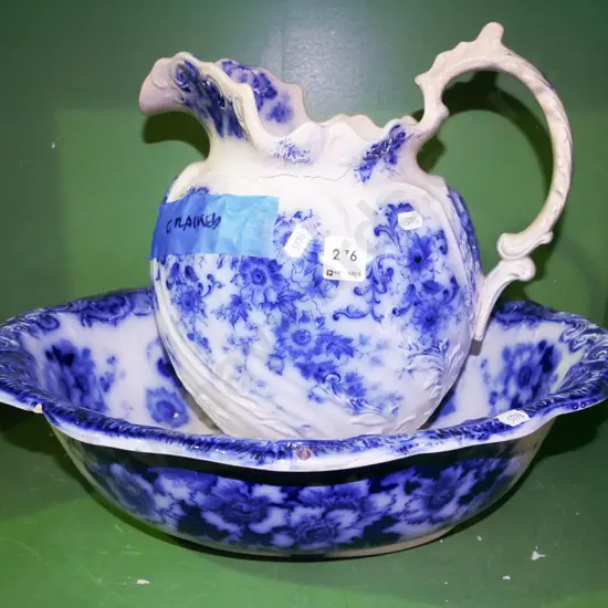flow blue wash jug and bowl - cracks and damage