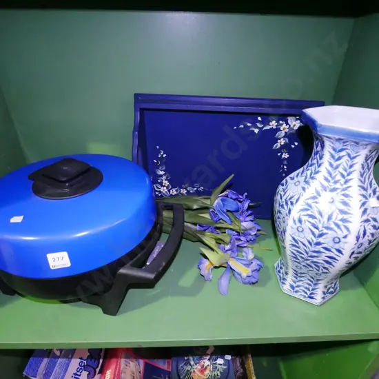 shelf; Sunbeam electric frying pan, hand painted tray, blue and white vase, faux flowers