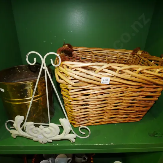 cane basket, brass wastepaper basket etc