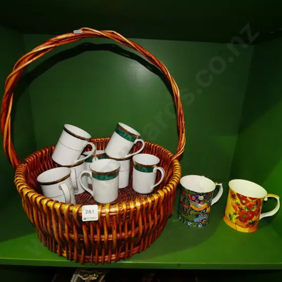 cane basket, various coffee cups