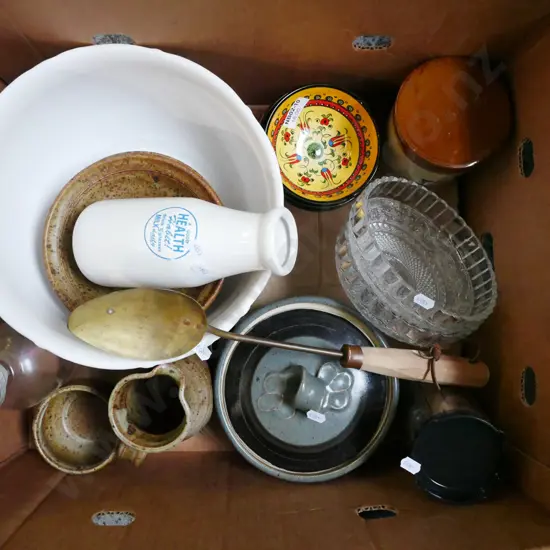 box;studio pottery bowls, casserole, moulded glass bowls etc