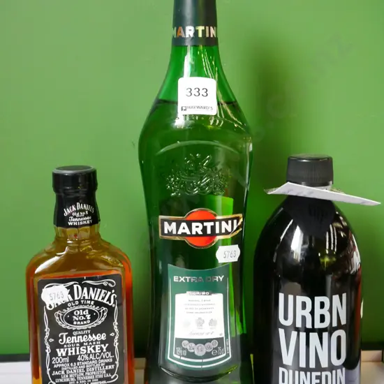 hip flask, martini, small bottle of wine