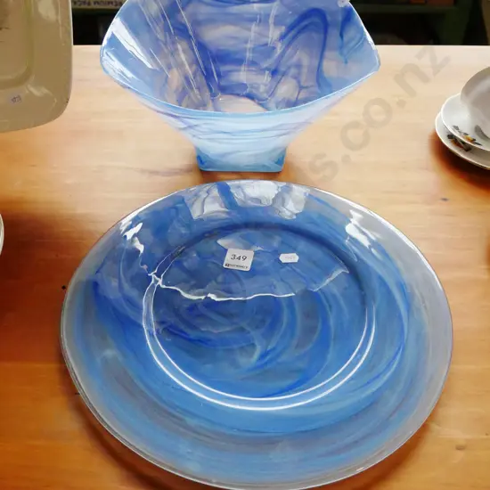 studio pottery swirled blue glass bowl and plate