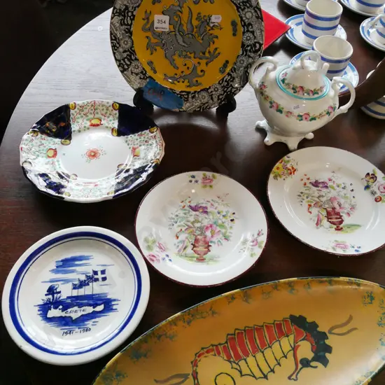 Masons dragon plate - has chip, floral plates, retro seahorse serving dish