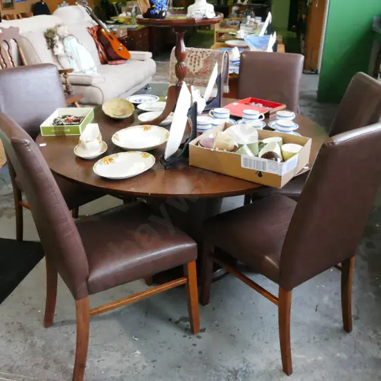 oak pedestal circular dining table with 6 matching vinyl high back chairs H-720 Diam-1370