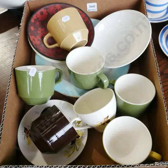 box; Crown Lynn cups and saucers
