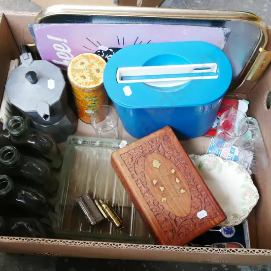 box; glass bottles, stove top espresso maker, plastic ice bucket, trays etc