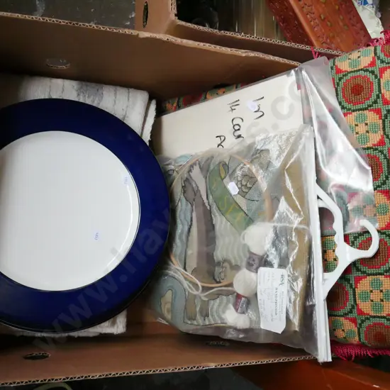 box; partly finished needlework, blue and white plates, cushion etc