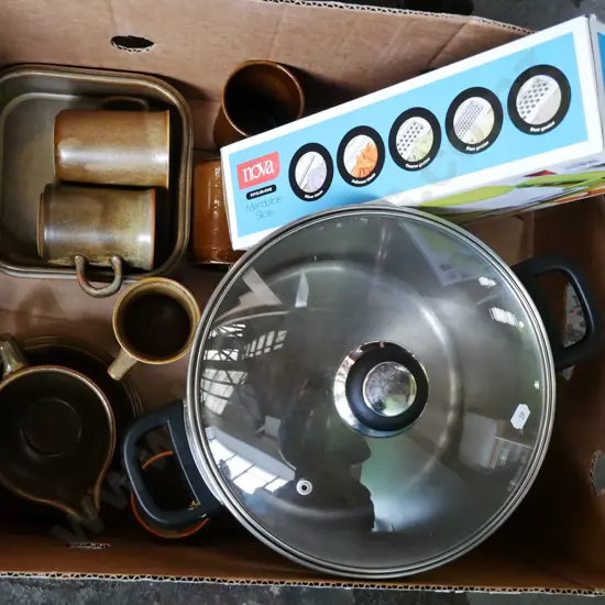 box; stock pot, mandolin slicer, Temuka pottery etc