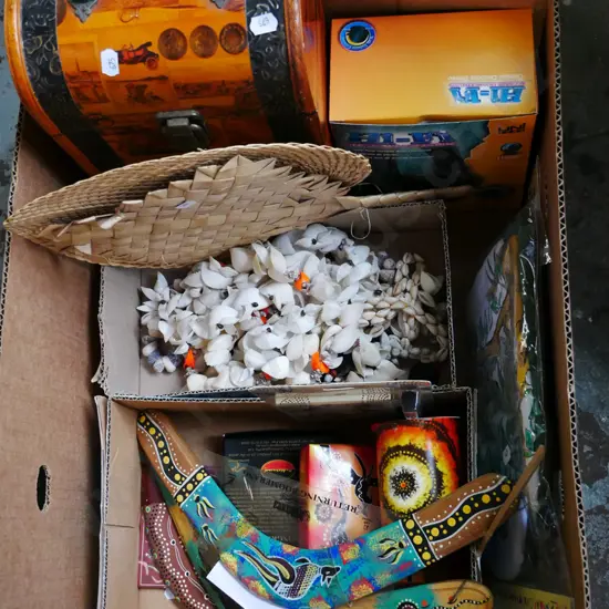 box; Australian souvenir ware, seashells, fans etc